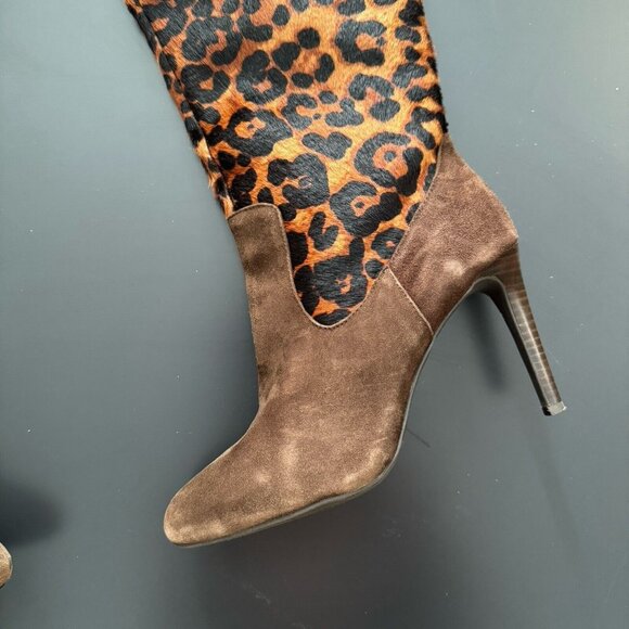 RALPH LAUREN Halina Brown Suede Leather Animal Hair Calf High Boots Heels Size 8 - Picture 6 of 14